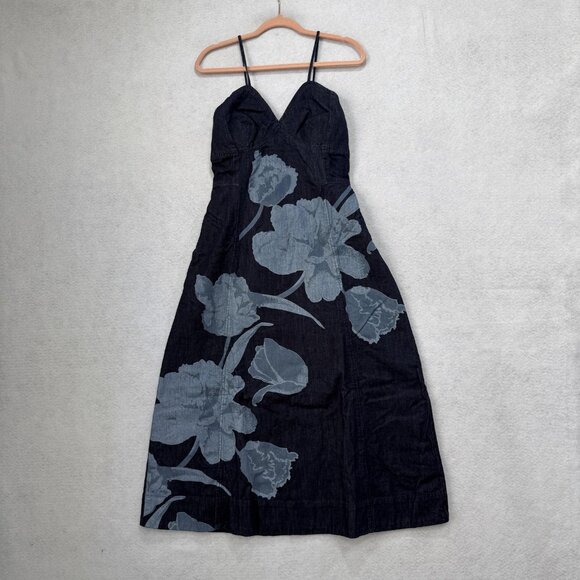 Sundance Dress Womens 12 Blue Denim Floral Spaghetti Strap V Neck Midi A Line - Picture 2 of 10